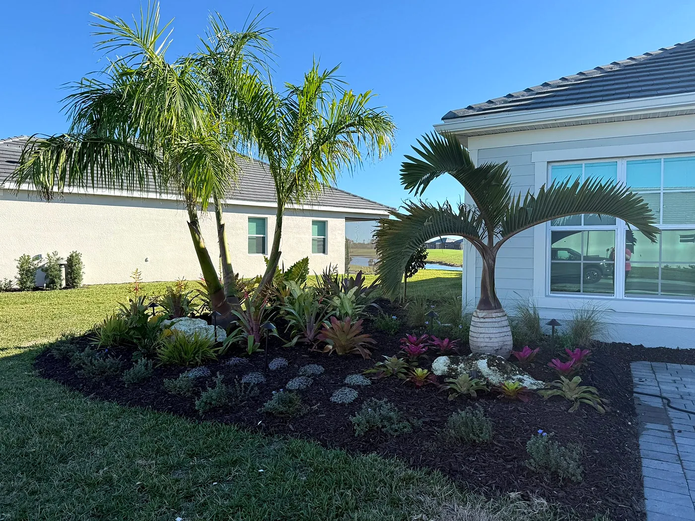 Palms and a curved planting bed with bromeliads along the front of a white Florida home